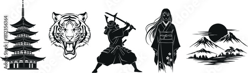 Japanese cultural icons including pagoda tiger warrior and mountains silhouette