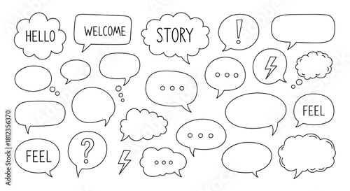 Collection of handdrawn speech bubbles with various shapes and styles, perfect for adding a creative touch to your designs isolated on