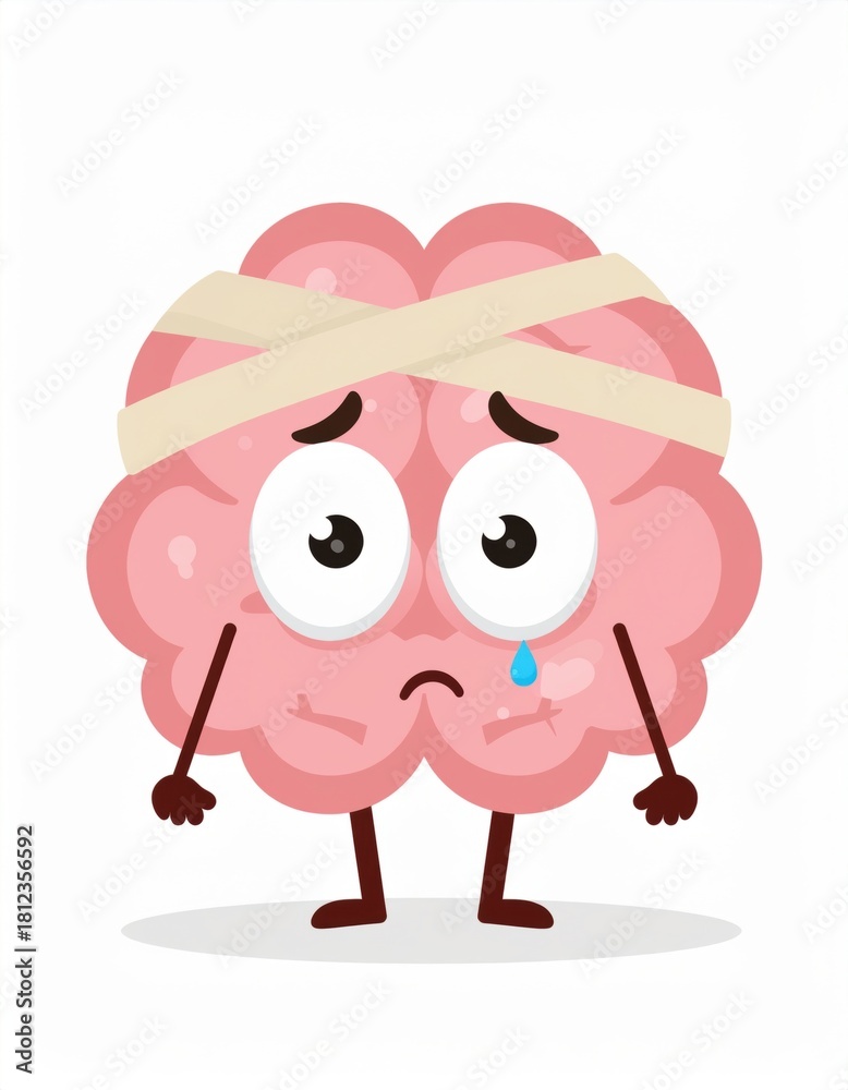 Obraz premium A cartoon brain character with a sad expression, bandaged and teary, conveying a sense of worry or distress.