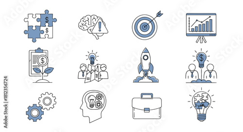 Set of business and startup concept icons isolated on contains such icons as puzzle, brain, target, chart, idea, team, rocket, briefcase, and gear