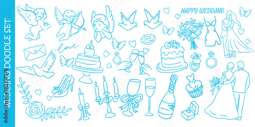 Romantic wedding and valentine doodle vector set featuring love icons, bridal elements, cake, ring., dove, champagne, and floral decor. Perfect for trendy invitation, celebration and Valentine design.