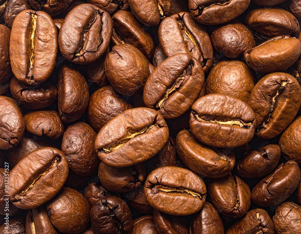 Fototapeta premium Roasted Coffee Beans Pile in Dark Brown Shade for Coffee Shop