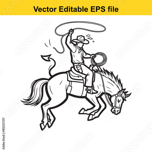 Black and white line art vector illustration of a cowboy riding a bucking bronco horse while swinging a lasso rope, isolated on