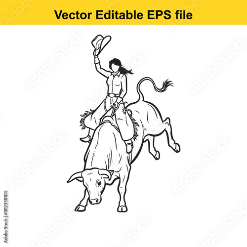 Outline vector illustration of a female rodeo rider successfully bull riding on a bucking bull, isolated on