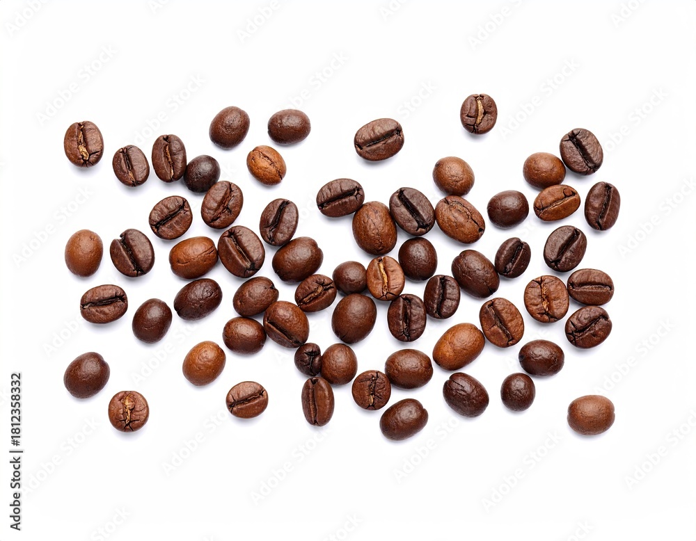 Naklejka premium Roasted Coffee Beans Scattered on White Background