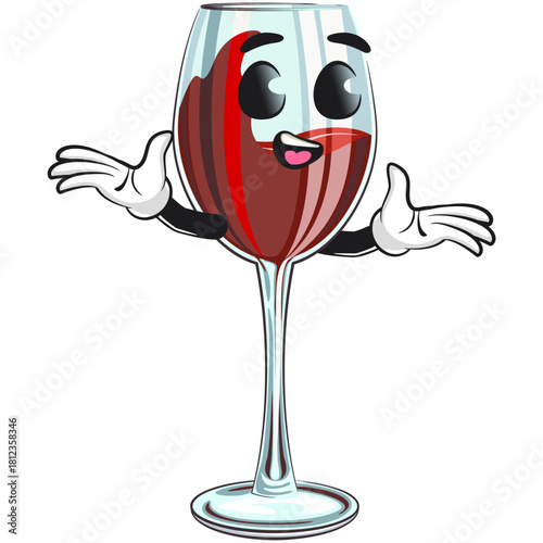 cute red wine glass mascot character welcome with open hands, funny cartoon vector illustration, work of hand drawn