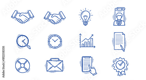 A set of business icons in doodle style, including handshake, light bulb, document, clock, graph, lifebuoy, envelope, and checklist isolated on