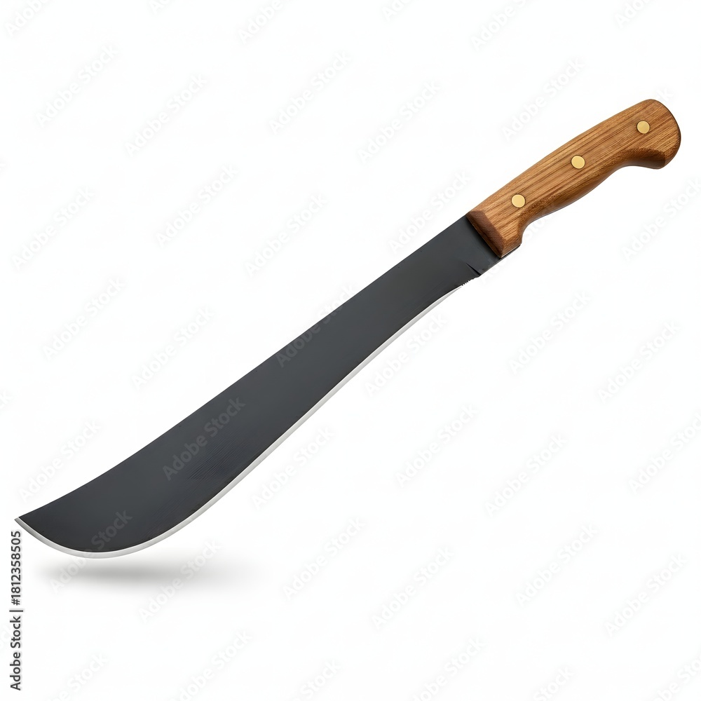Fototapeta premium Sharp Machete with Black Blade and Wooden Handle on White Background for Jungle Exploration Outdoor Adventures and Survival Gear Perfectly Suited for Cutting