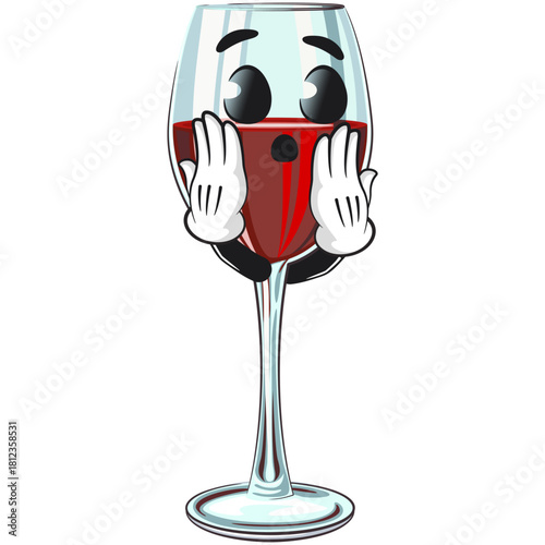 cute wine glass mascot character with red wine surprised, fun cartoon drink vector illustration, work of hand drawn
