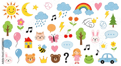 Colorful hand drawn doodle elements isolated on childish style vector illustration cute sun, cloud, rainbow, flower, tree, house, animal, and other objects