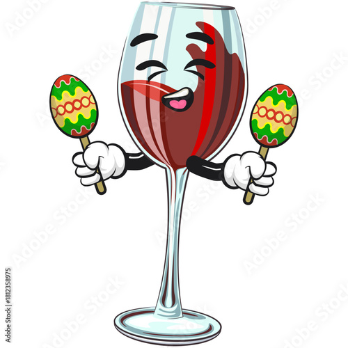 cute red wine glass mascot character plays with maracas, funny cartoon vector illustration, work of hand drawn