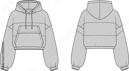 Cropped hoodie technical sketch, drawstring hood, kangaroo flap pocket, elastic cuffs and hem, fashion CAD illustration, cad drawing flat vector