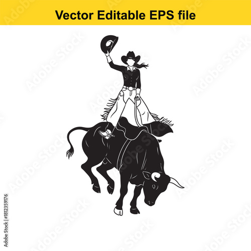 Black and white vector illustration of a cowboy riding a bucking bull in a rodeo competition, isolated on