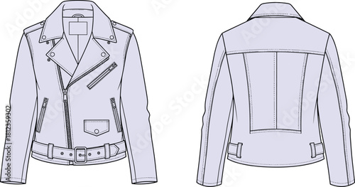 Women's biker jacket technical sketch, asymmetrical zipper, flap and zip pockets, belted hem, fashion CAD illustration, cad drawing flat vector