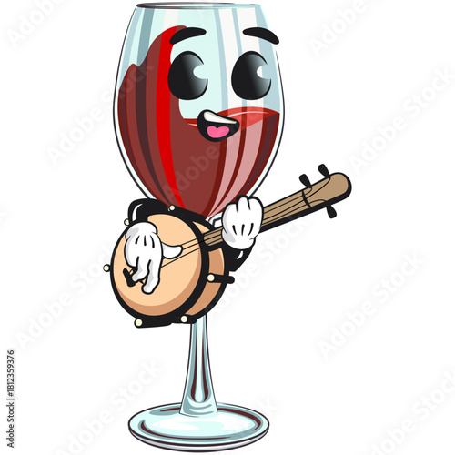 cute red wine glass mascot character playing the banjo, funny cartoon vector illustration, work of hand drawn