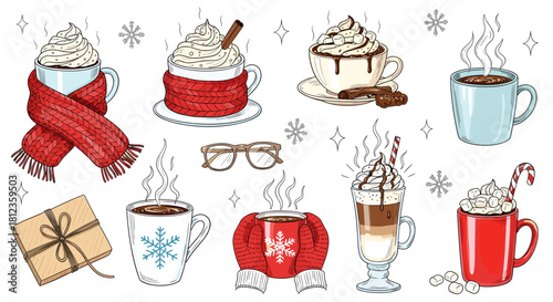 Cozy winter drinks isolated on this set includes hot chocolate, coffee, latte, and other warm beverages with whipped cream, spices, and festive decorations
