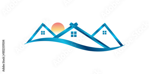 Modern abstract real estate logo with blue house roofs and sun