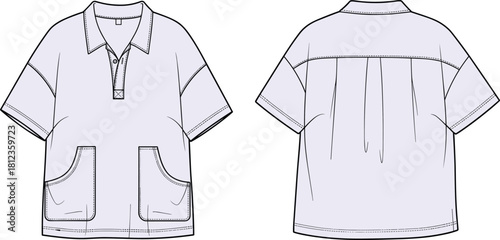 Short sleeve shirt technical sketch, patch pockets, pleated back yoke, relaxed hem design, fashion CAD illustration, garment template, cad drawing flat vector