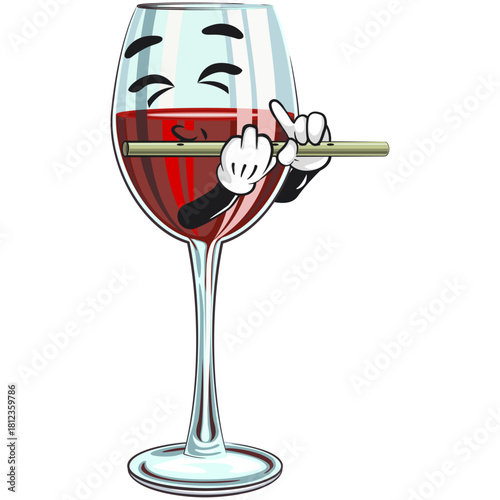 cute wine glass mascot character with red wine playing the flute, fun cartoon drink vector illustration, work of hand drawn
