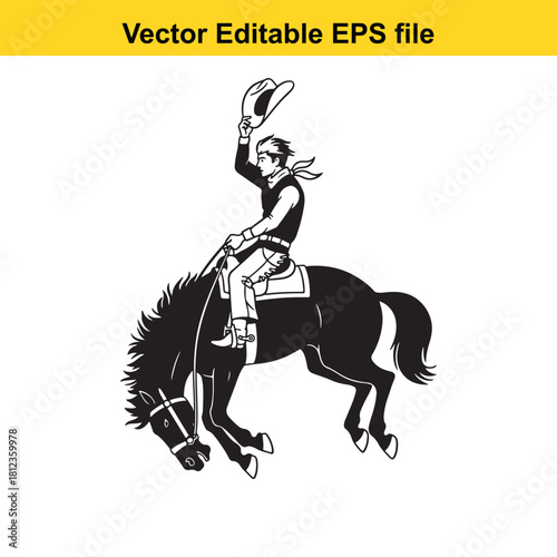 Black and white vector illustration of a cowboy riding a bucking horse while tipping his hat, isolated on