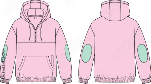 Hooded sweatshirt technical sketch, half-zip front, kangaroo pocket, elbow patch detail, fashion CAD illustration, garment template, cad drawing flat vector