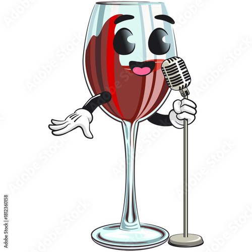 cute red wine glass mascot character on front of the mic, funny cartoon vector illustration, work of hand drawn