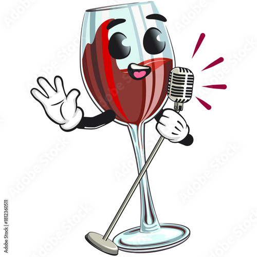 cute red wine glass mascot character sing with maximum style, funny cartoon vector illustration, work of hand drawn