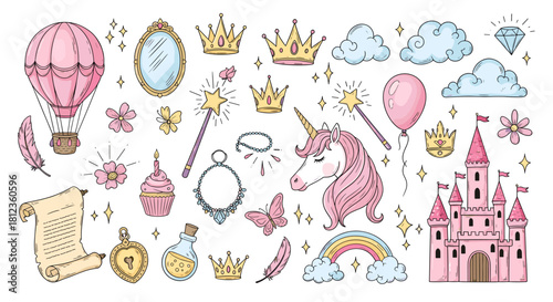 Enchanting watercolor set with unicorn, castle, crowns, and magical elements, perfect for creating whimsical designs and fairytalethemed projects isolated on