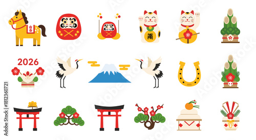 Auspicious japanese new year 2026 vector illustration featuring traditional lucky charms like daruma dolls, maneki neko cats, kadomatsu pine decorations, and mount fuji isolated on