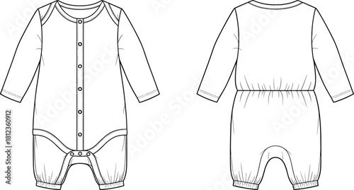 Baby romper long sleeve technical drawing, infant jumpsuit fashion flat sketch, front and back view, vector illustration template, white background - cad drawing flat vector