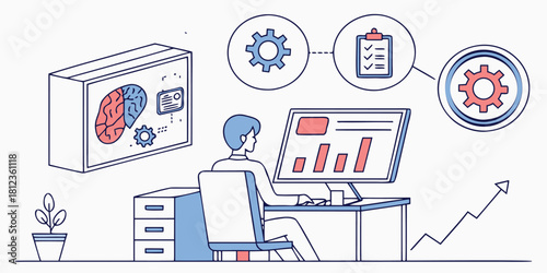 Business Productivity Assistant concept – AI assistant helping human productivity and business workflow organization – futuristic workplace with digital brain and smart automation icons