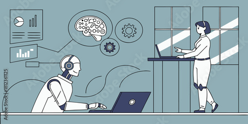 Business Productivity Assistant concept – AI assistant helping human productivity and business workflow organization – futuristic workplace with digital brain and smart automation icons