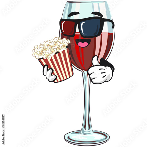 cute wine glass mascot character with red wine with a bucket of popcorn with wearing 3d glasses, fun cartoon drink vector illustration, work of hand drawn