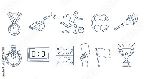 Hand drawn soccer doodle set isolated on collection of sport equipment, player, ball, whistle, medal, flag, trophy, stopwatch, vuvuzela, and tactic board