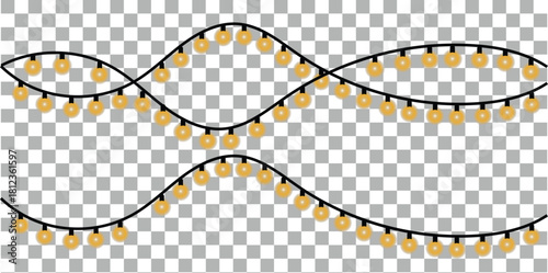 Festive string lights garland decoration with warm yellow glow on transparent background