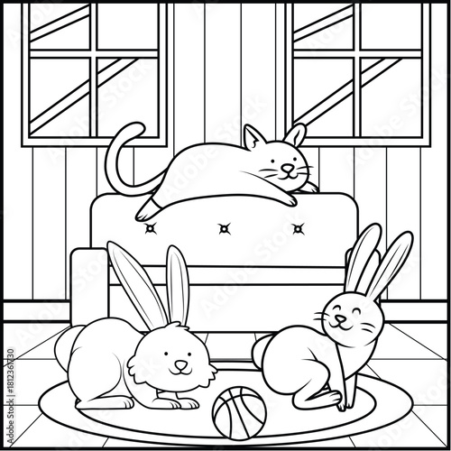 Whimsical line art  featuring a cat and two playful rabbits with a ball coloring page