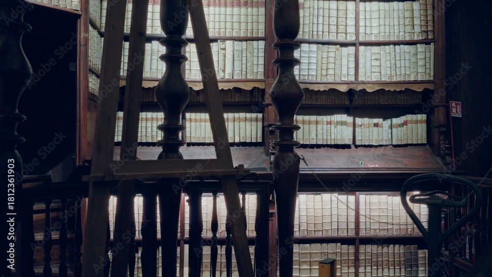 Fototapeta premium Historic book stacks and wooden balusters in shallow defocus, interior; background backdrop backplate template.