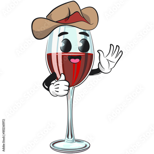 cute wine glass mascot character with red wine wearing a cowboy hat, fun cartoon drink vector illustration, work of hand drawn