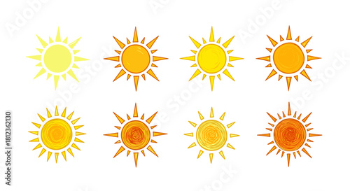 A set of eight handdrawn sun illustrations in varying shades of yellow and orange, isolated on, each with a unique, slightly imperfect design