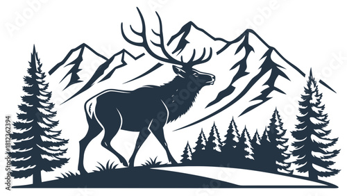 Rocky Mountain elk silhouette alpine badge retro