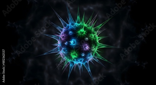 Abstract virus or bacteria digital illustration with sharp, spiky cell protrusions and vibrant green and blue colors on a dark background