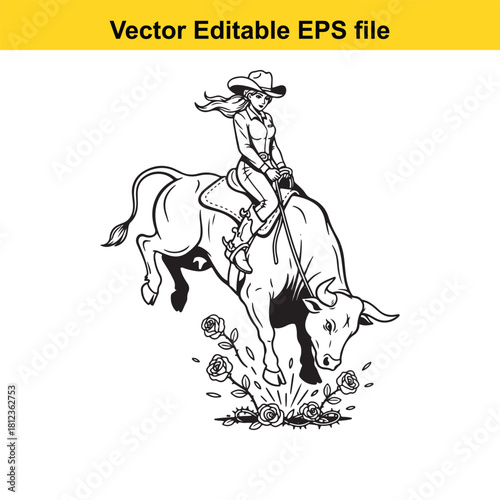 Black and white line art vector illustration of a cowgirl riding a bucking bull surrounded by roses, isolated on