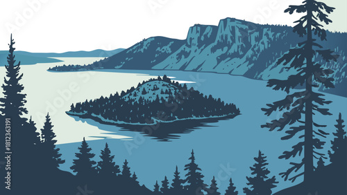 Crater Lake deep blue water island minimal aesthetic