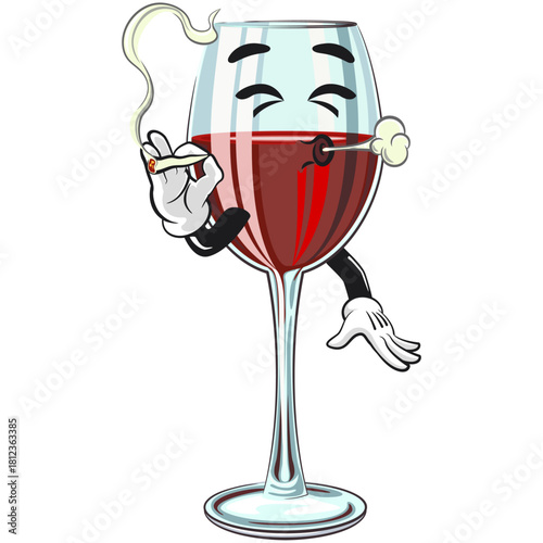 cute wine glass mascot character with red wine smoke calmly, fun cartoon drink vector illustration, work of hand drawn
