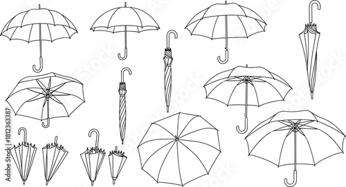Black and White Outline Set of Umbrellas in Various Poses for Rain, Protection, Weather, and Autumn Themes.