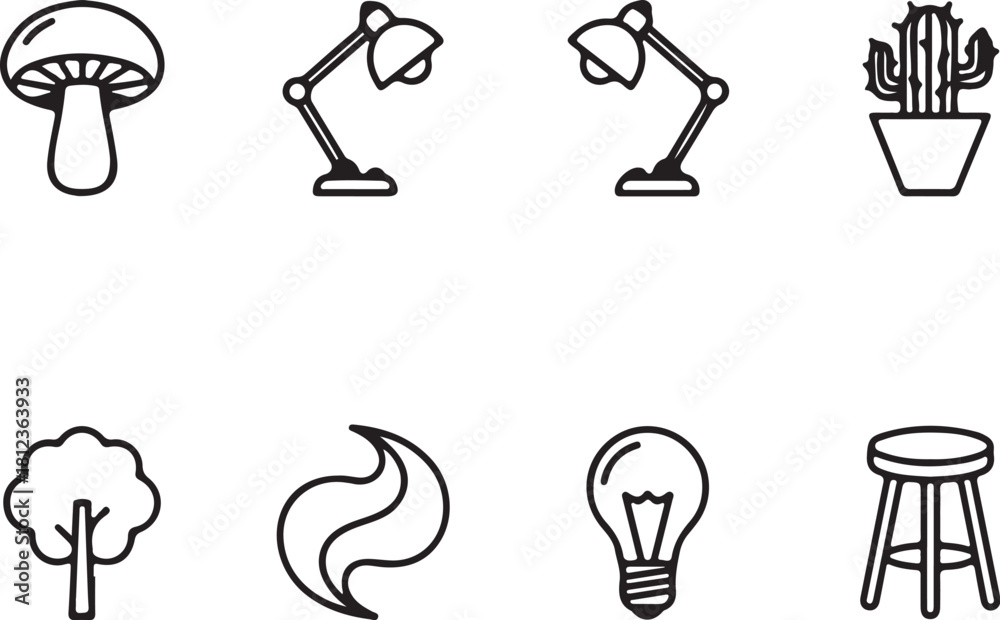 Obraz premium Collection of Eight Black and White Outline Icons of Objects and Nature Elements on a White Background Keywords: icon, illustration, outline, black and white, also transparent background