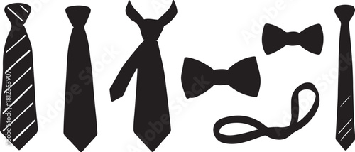 Collection of black silhouette neckties and bow ties on a white background Keywords: necktie, bow tie, fashion, accessory, clothing, formal wear, men's fashion, also transparent background