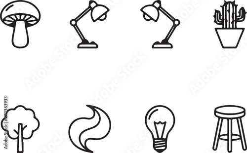 Collection of Eight Black and White Outline Icons of Objects and Nature Elements on a White Background Keywords: icon, illustration, outline, black and white, also transparent background