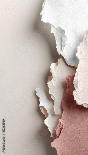 Beige background with artistic torn paper edges in varying shades creating a layered and textured effect