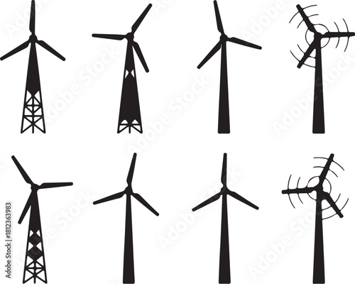 Collection of eight black silhouette wind turbine icons with different tower designs and blade configurations Keywords: wind turbine, silhouette, icon, renewable also transparent background